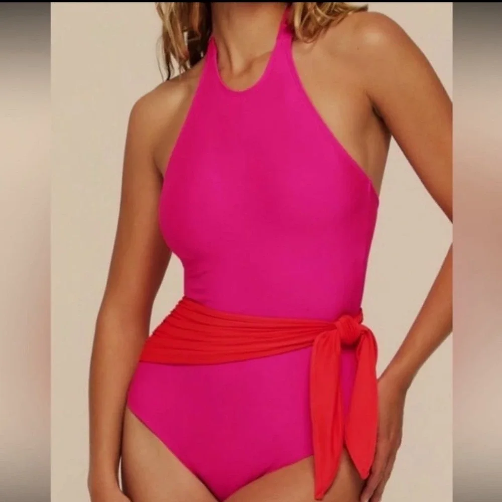 Hermoza Womens Hot Pink Red Sash Halter One Piece Swimsuit Size 10 Colombia